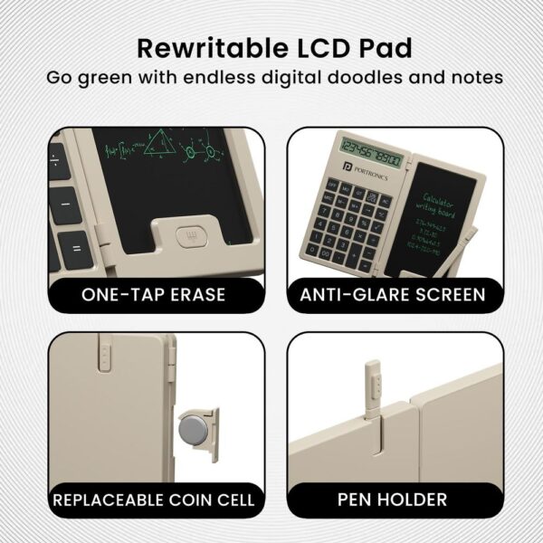 Portronics Ruffpad Calc Mini 2 In 1 Lcd Writing Pad With Digital Calculator - Grey- JMZ1029 - Image 4
