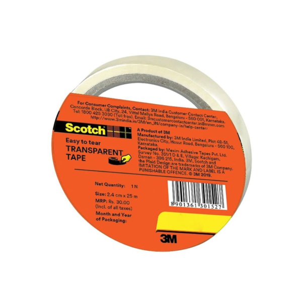 Scotch Transparent Tape - Polypropylene Yellow, Clear Tape | 2.4 mm x 25 m- PPR1007